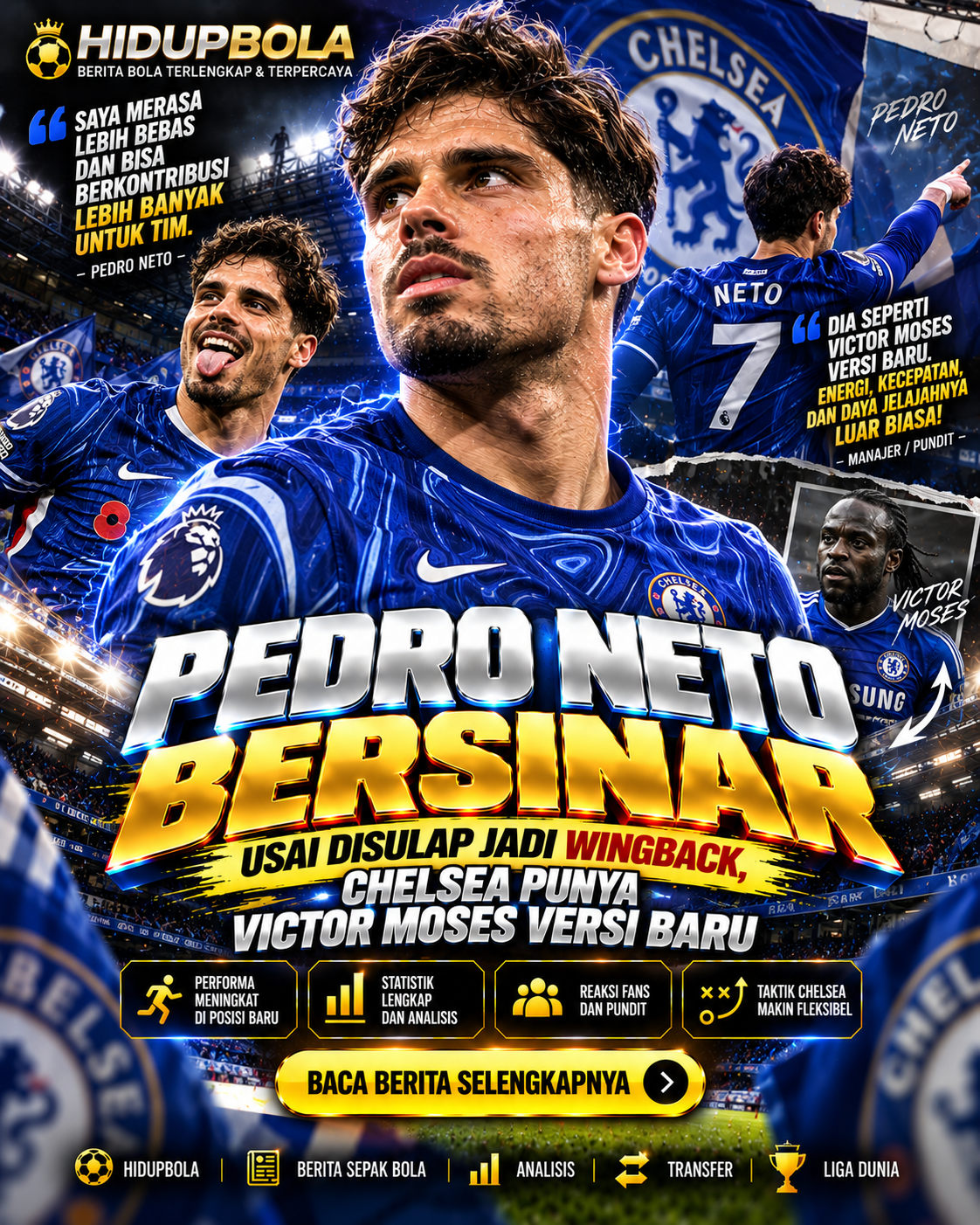 Pedro Neto Bersinar Usai Disulap Jadi Wingback, Chelsea Punya Victor Moses Versi Baru